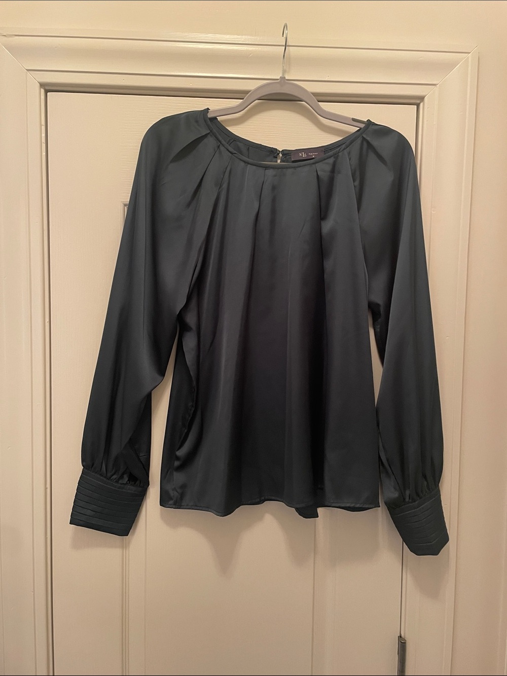 Satin Long-Sleeve Blouse in Dark Teal with Pleated Cuffs